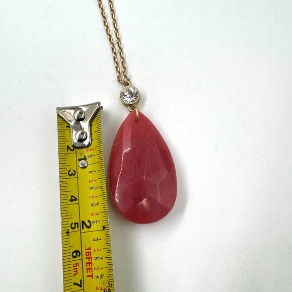Gold Tone Necklace Rhodochrosite Colored Teardrop Pendant Mid-Century Modern - Picture 7 of 14